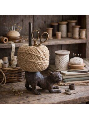 Cast Iron Stretching Cat String Holder Vintage Style Farmhouse Decor